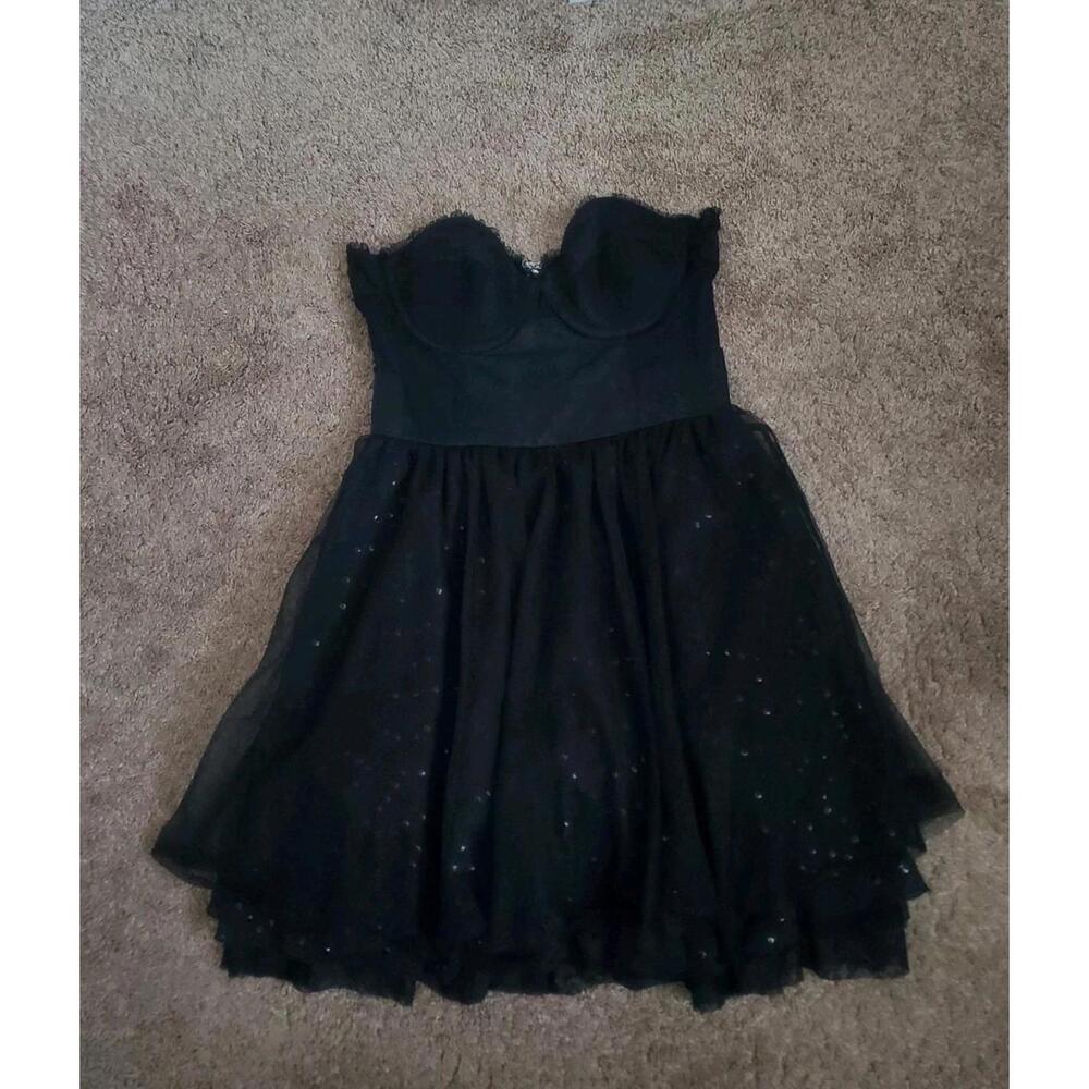 VS PINK Black Sequin Embellished Strapless Dress Ballet Tulle Sz XS Y2K Silk